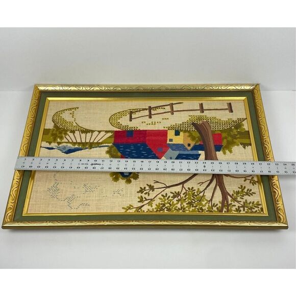 Vtg 1970 Needlepoint Cross Stitch Framed Country Farm Decor Cabin 23x33 in Large - Picture 9 of 10